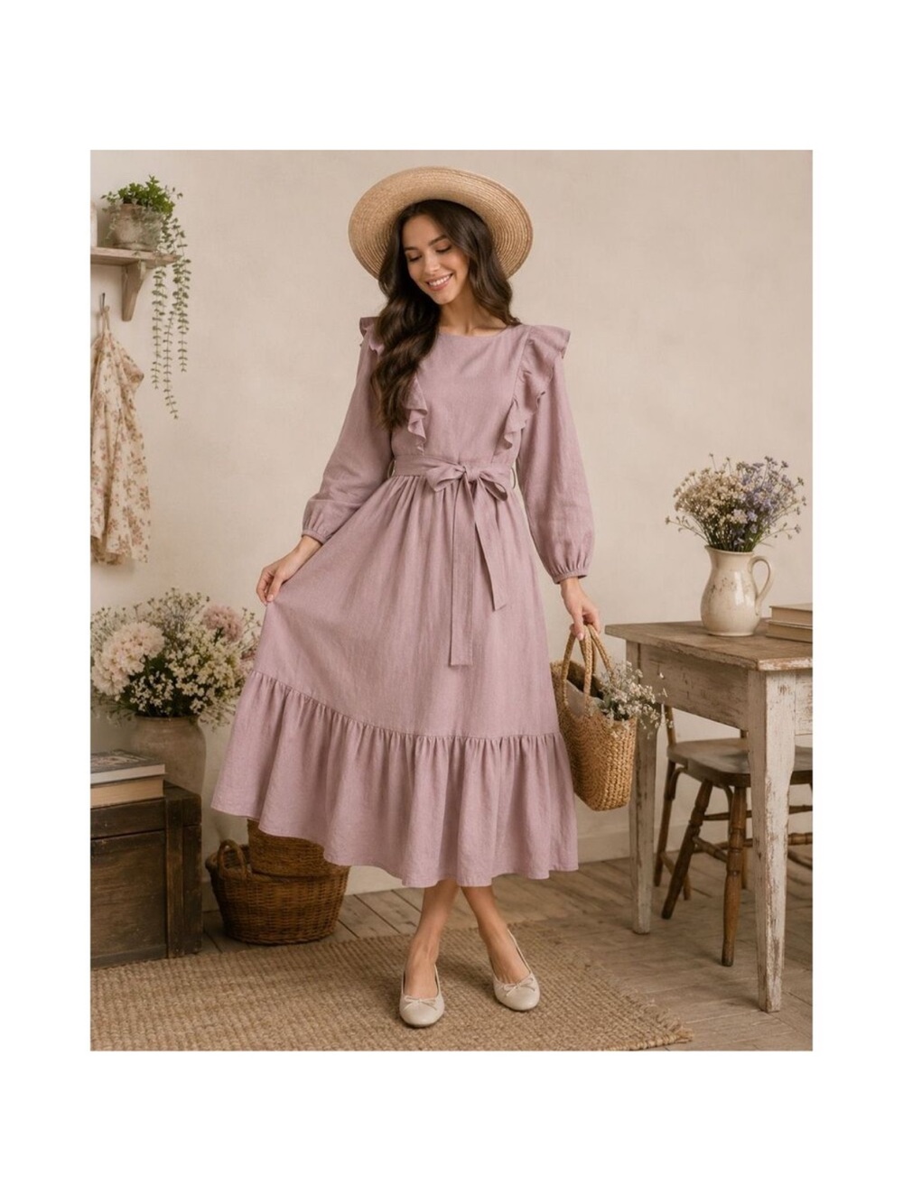 Ivy City Co Dusty Mauve Ruffle-Tiered Maxi Dress with Waist Tie